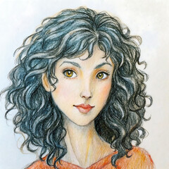 drawing of a girl with curly hair