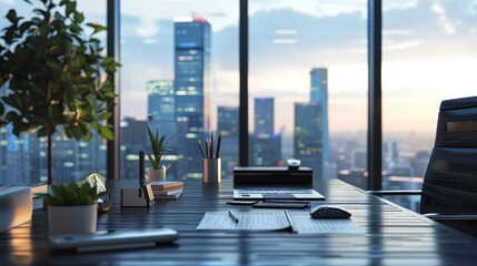 A closeup rendering of a desk in a workspace with a city skyline background  AI generated illustration