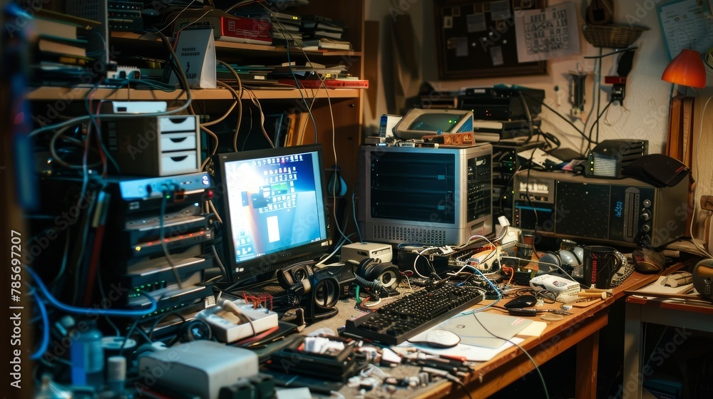 Poster a cluttered desk with various computer components scattered about ai generated illustration