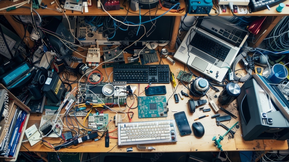 Poster a cluttered desk with various computer components scattered about ai generated illustration