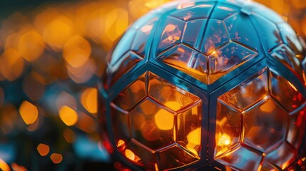 Macro photography of a glossy soccer ball with vivid reflections of the stadium lights, emphasizing...