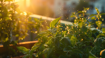 A lush balcony herb garden at sunrise with dew-kissed leaves of basil mint and rosemary.