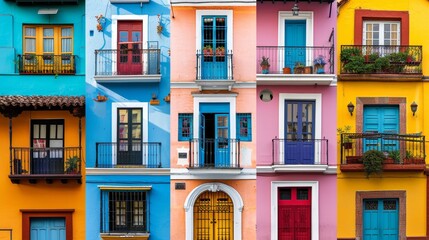 Obraz premium A collage of colorful facades from around the world AI generated illustration