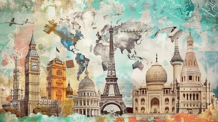 Obraz premium A collage of iconic architectural landmarks from around the world AI generated illustration