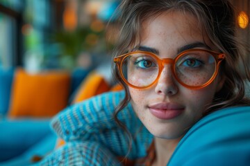 A fashionable young woman wearing bright oversized glasses, portraying a hip and modern look