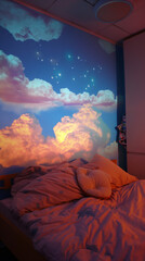 Cozy bedroom at twilight with starry sky projection, ideal for interior design ads or relaxation blog