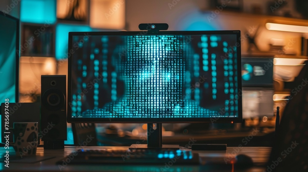 Poster a computer monitor showing a pixelated image slowly coming into focus ai generated illustration