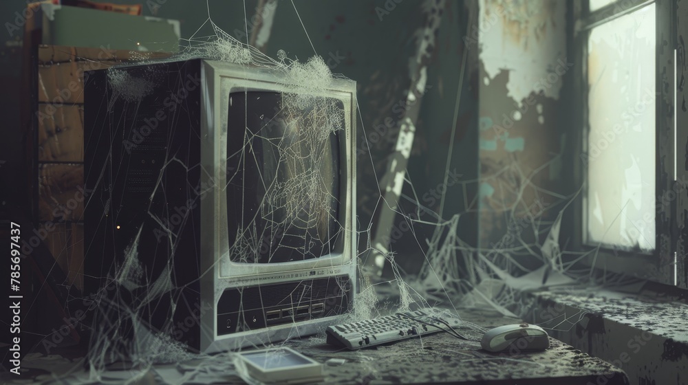 Poster a computer tower covered in dust and cobwebs forgotten and abandoned ai generated illustration