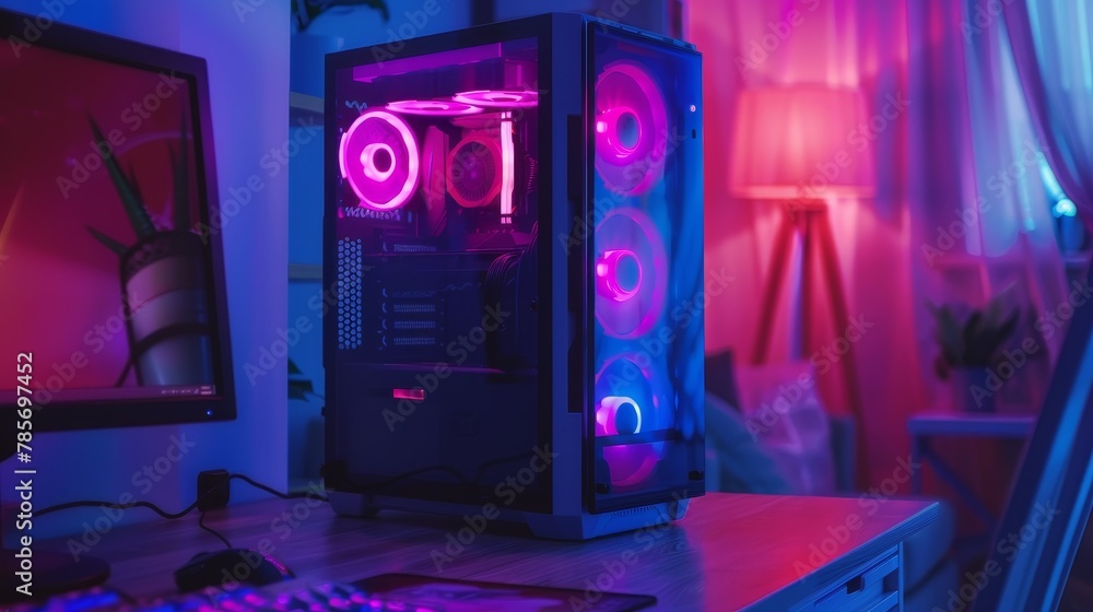 Poster a computer tower emitting a soft colorful glow in a dark room ai generated illustration