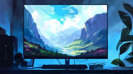 A computer screen displaying a digital painting of a serene landscape  AI generated illustration - obrazy, fototapety, plakaty