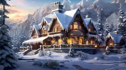 Immerse yourself in the enchantment of winter with this breathtaking 3D illustration featuring an exquisite winter chalet nestled in a snow - kissed paradise - obrazy, fototapety, plakaty