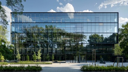 A contemporary office building with a reflective glass facade  AI generated illustration