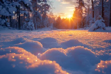 Fotobehang A tranquil winter scene capturing the glowing sunset, casting a warm light on the snow-covered landscape © Larisa AI