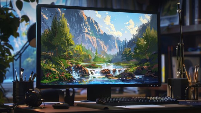 A computer screen displaying a digital painting of a serene landscape  AI generated illustration