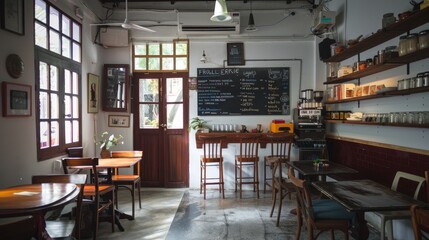 City restaurant with wood furniture, tables, chairs, and drink menu on the wall - obrazy, fototapety, plakaty