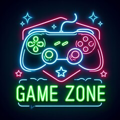 A Neon sign style game zone illustration on a dark blue background with game controllers in neon lights, detailed with buttons and little stars scattered around, Generative Ai.