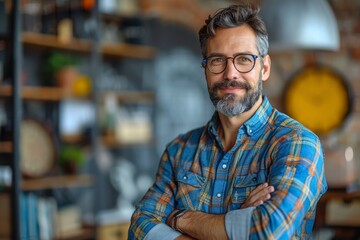 Obraz premium Portrait of a confident mature man standing with his arms crossed in a cozy café setting