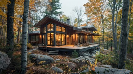 Obraz premium A cozy cottage with a wooded facade and panoramic window views AI generated illustration