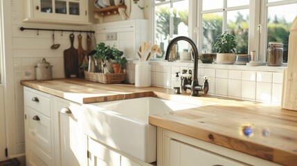 A cozy farmhouse kitchen with a farmhouse sink and butcher block countertops  AI generated illustration