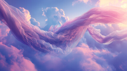Artistic representation of pink fabric streams in the sky, perfect for creative backgrounds and dreamy wall art.