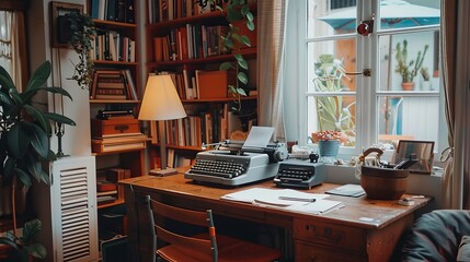 A cozy home office with a vintage typewriter and handcrafted desk  AI generated illustration
