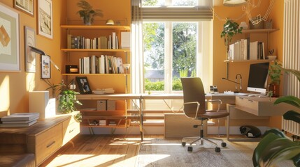 A cozy home office with a warm color palette and natural light  AI generated illustration