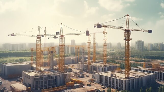 Large construction site including several cranes