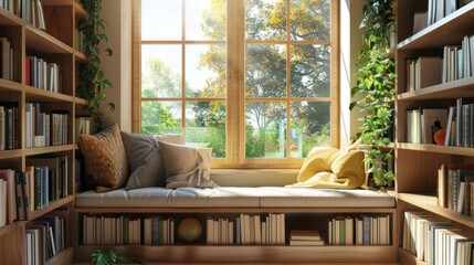 A cozy reading nook with a window seat and bookshelves  AI generated illustration