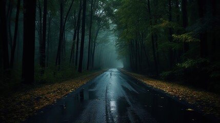 Road in dark forest - obrazy, fototapety, plakaty