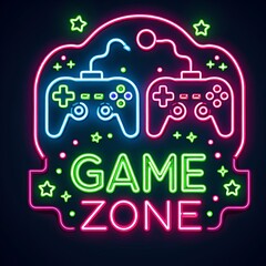 A Neon sign style game zone illustration on a dark blue background with game controllers in neon lights, detailed with buttons and little stars scattered around, Generative Ai.