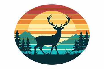 t-shirt-design-with-sunset--in-silhouette-deer vector illustration