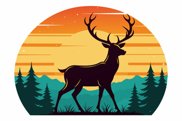 t-shirt-design-with-sunset--in-silhouette-deer vector illustration
