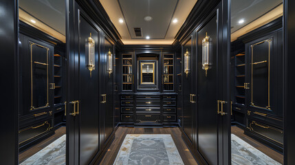 Naklejka premium A luxurious walk-in closet with custom cabinetry and elegant lighting.