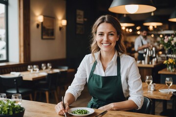 Smiling Woman wearing apron setting table in a restaurant - Powered by Adobe