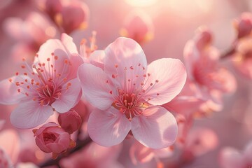 Delicate cherry blossoms shine under a warm, glowing light, evoking a sense of new beginnings and spring