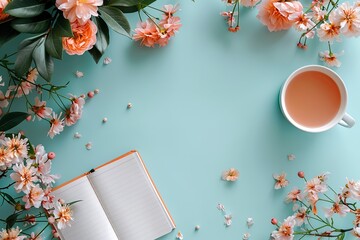 White cup with tea sits on a table next to a mock up book surrounded by pink flowers, creating a serene and calming atmosphere. Concept of relaxation and tranquility