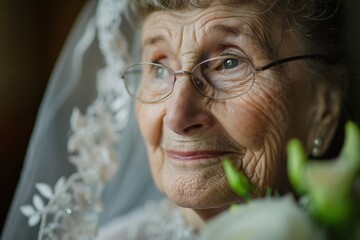 Intimate glimpse of an elderly bride's face in a vintage wedding portrait, her eyes twinkling with...