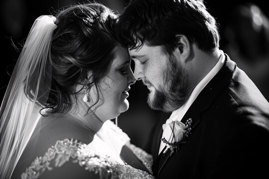 Intimate moment between the obese bride and groom, their eyes locked in love as they share their first dance as a married couple 04