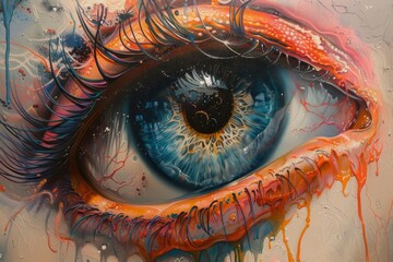 eye, detail, realism, macro, iris, pupil, lashes, reflection, blue, orange, paint, vision, gaze - obrazy, fototapety, plakaty