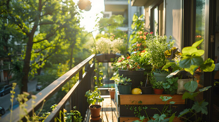A holistic balcony garden with a mix of medicinal herbs such as echinacea and lemon balm designed for health and wellness.