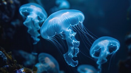 Electric blue jellyfish with bioluminescence swimming in azure water