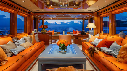 A luxury yacht interior with sleek design and panoramic ocean views.