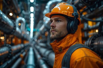 A male industrial worker in orange protective gear focuses on his task at a futuristic pipeline facility