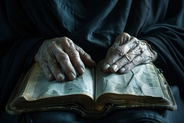 Fototapeta premium Close-up shot of a nun's hands holding a Bible, her fingers tracing the worn pages filled with words of wisdom and solace 03