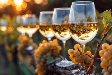 Elegant wine glasses filled with white wine placed amidst grapevines, capturing the essence of...