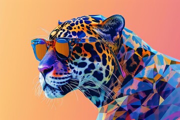 faceted jaguar wearing sunglasses on vibrant solid color background minimal abstract digital art