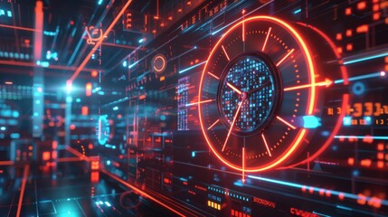 Digital interface with a clock in the center surrounded by glowing orange and blue lights. The background consists of dark blue and red lines and dots. There are several glowing icons scattered around