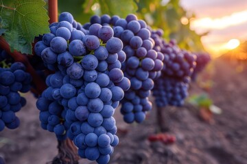 A vibrant bunch of ripe grapes hanging on the vine with a sunset in the background