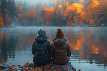 Obraz premium Serene scene of two figures enjoying the view of autumn leaves by a misty lake