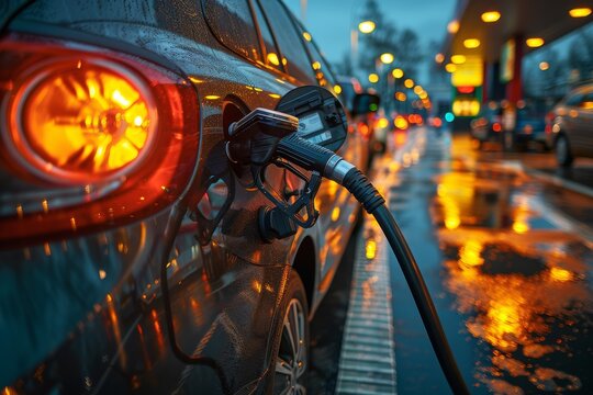 Close-up image of a car's fuel tank being filled with gasoline at a station, highlighting the concept of energy and transportation